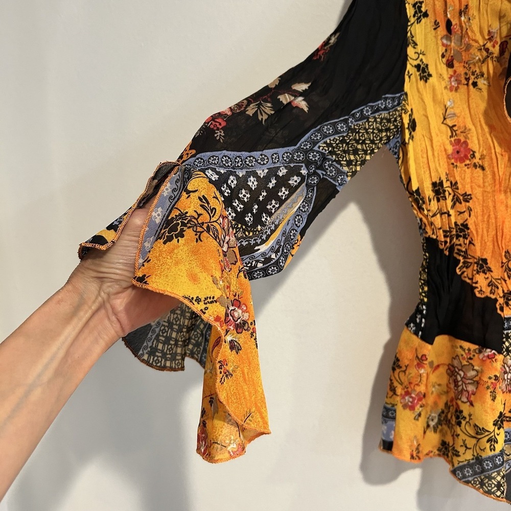 Jaipur Y2K witchy‎ fairycore magical Gold Crepe Floral Ruffle Blouse top Pleat S - Picture 8 of 9